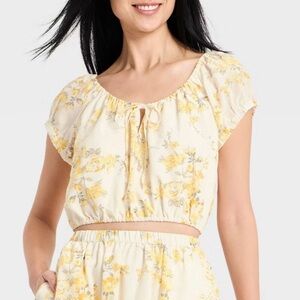 A New Day White Yellow Floral Short Puff Sleeve Tie Top